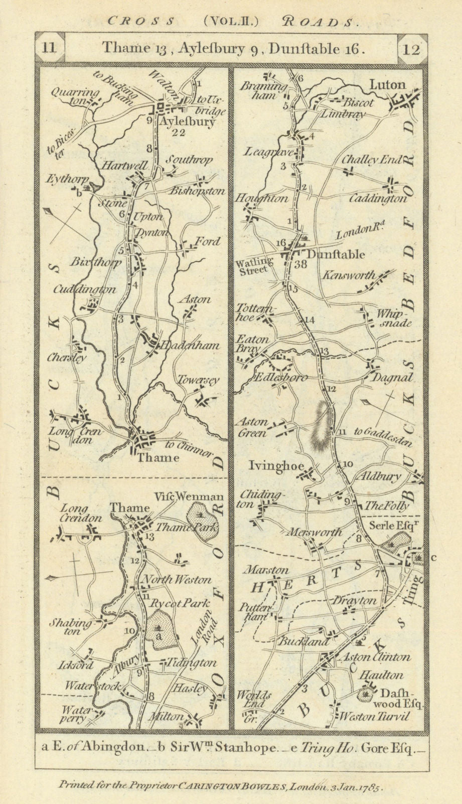 Thame-Aylesbury-Ivinghoe-Dunstable-Luton road strip map PATERSON 1785 old